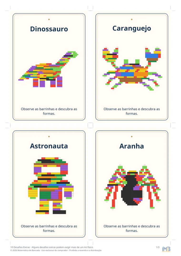 Folha dos Desafios Extras: dinossauro, caranguejo, astronauta e aranha